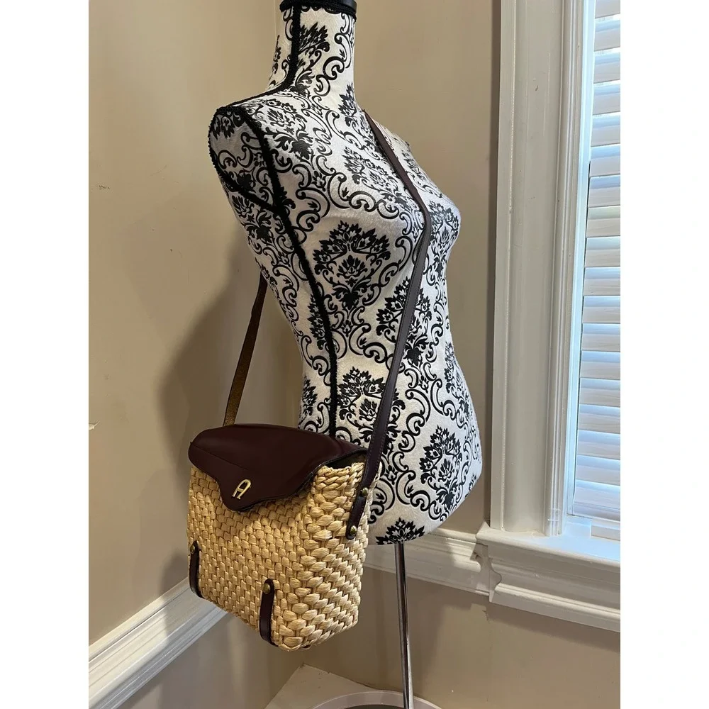 Etienne Aigner Vintage Woven Straw Leather Crossbody Bag Oxblood Burgundy Basket - Picture 8 of 12